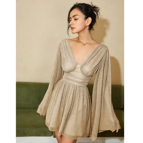 Champagne Beige Mini Dress Flared Bell Long Sleeve Fitted Waist - Picture 8 of 12